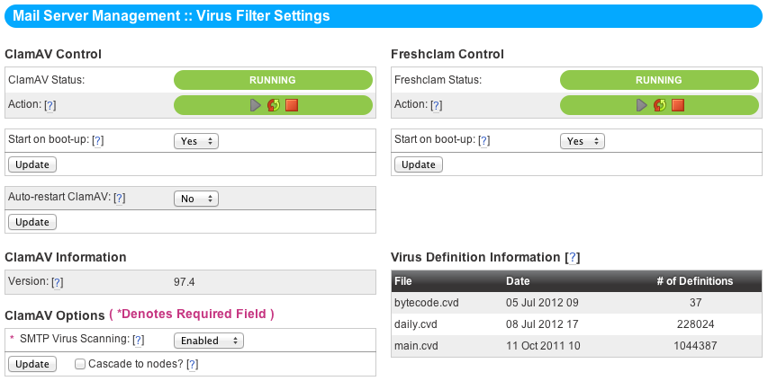 The NodeWorx Virus Filter Settings Page