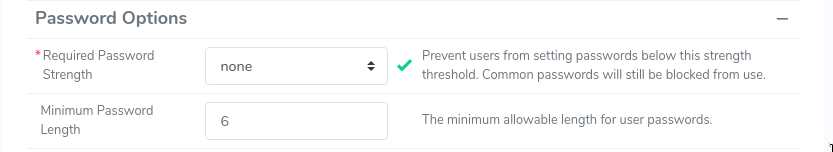 The Password Options section of the Settings page