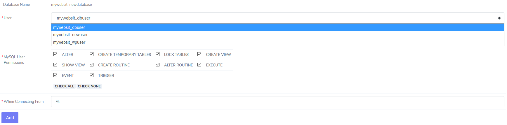 siteworx database add user permissions