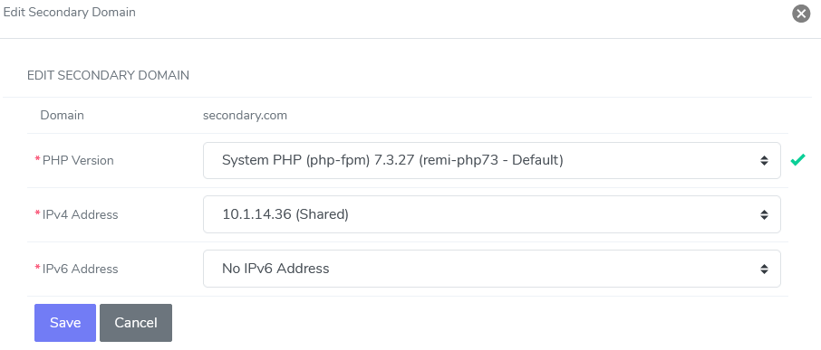 siteworx edit secondary domain form