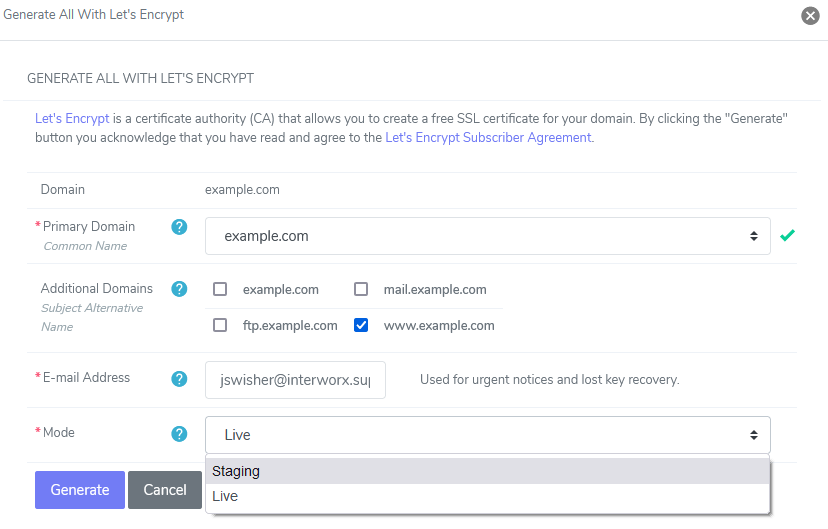 siteworx let's encrypt form