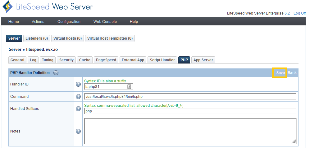litespeed add handler form