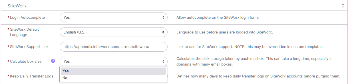 calculate box size setting dropdown