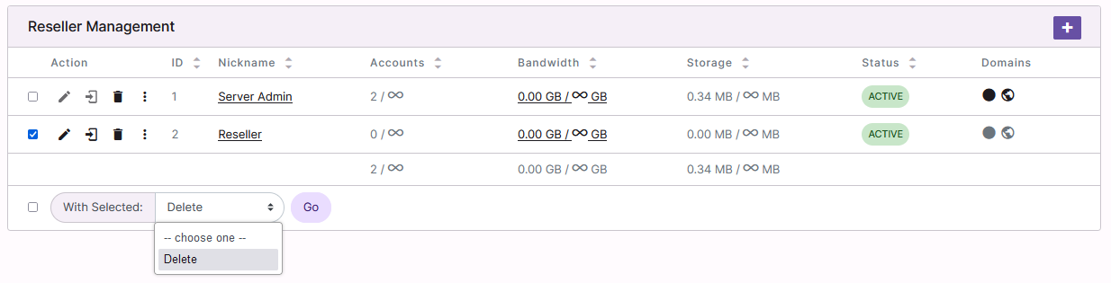 reseller account delete dropdown