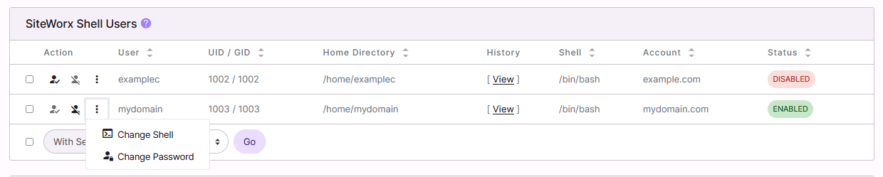 shell change options dropdown