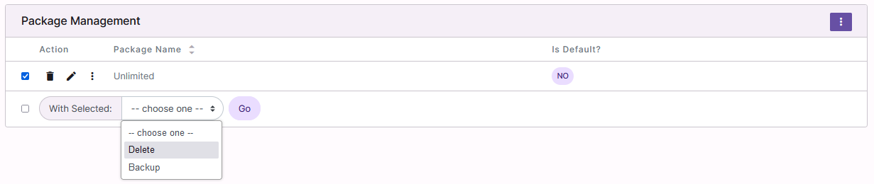 siteworx package delete dropdown