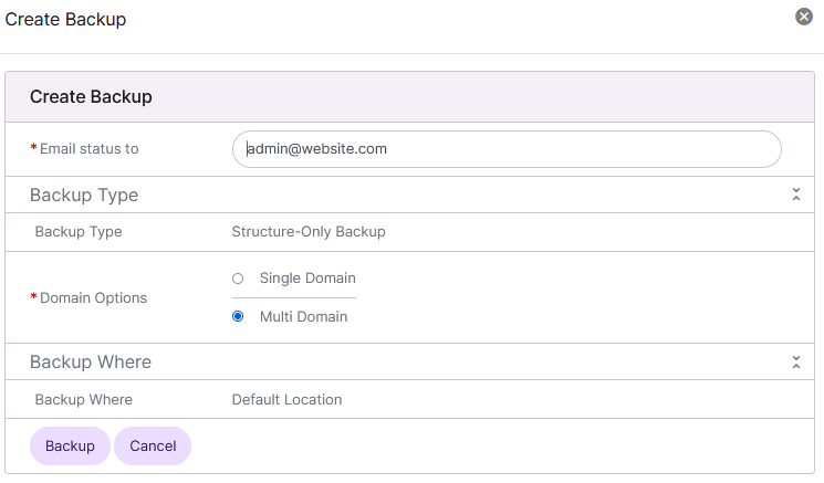 siteworx structure backup settings