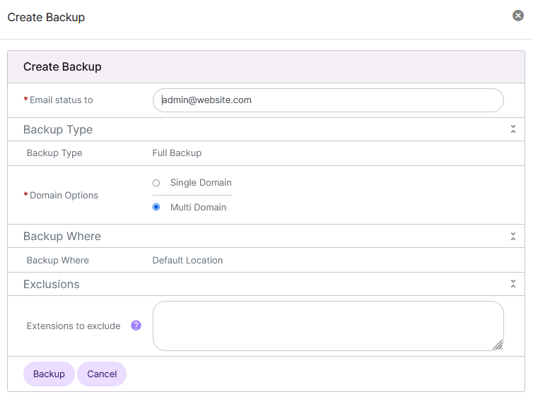 siteworx full backup settings