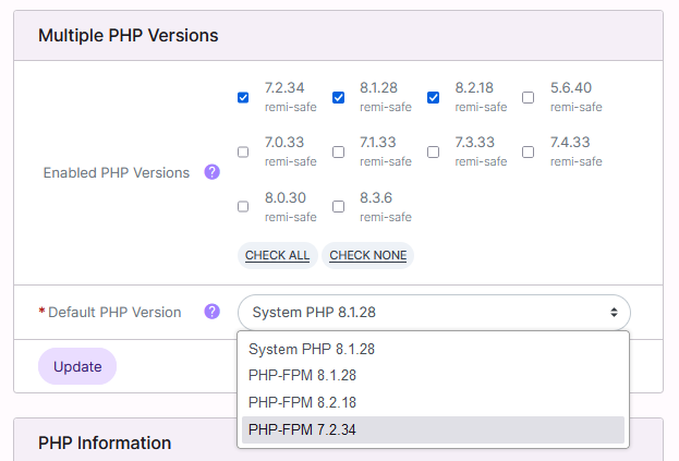 default php version