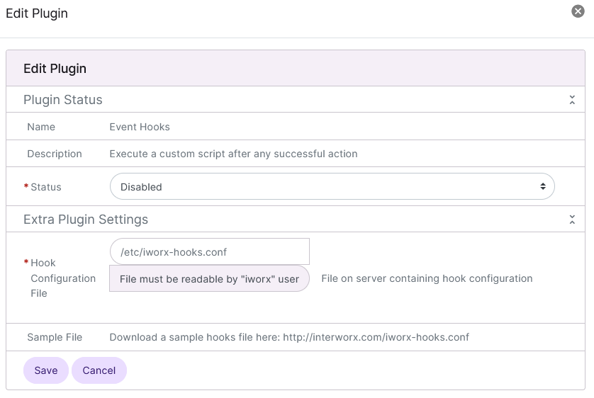 event hook configuration form