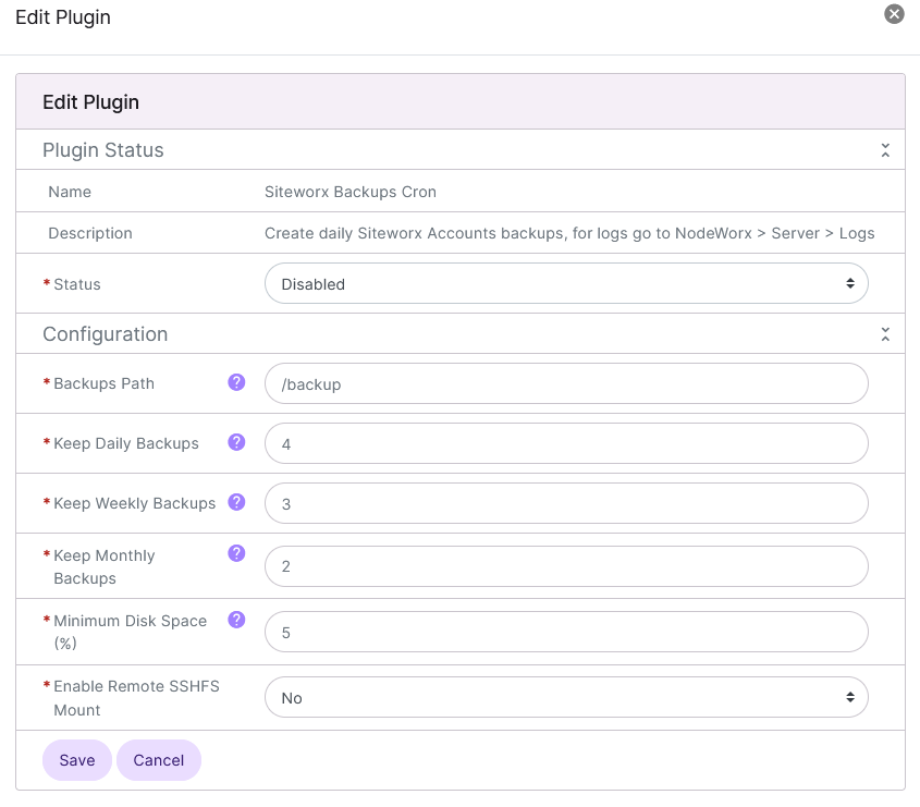SiteWorx Backup Cron setup form