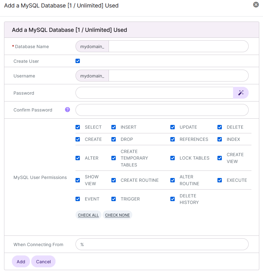 siteworx create mysql database