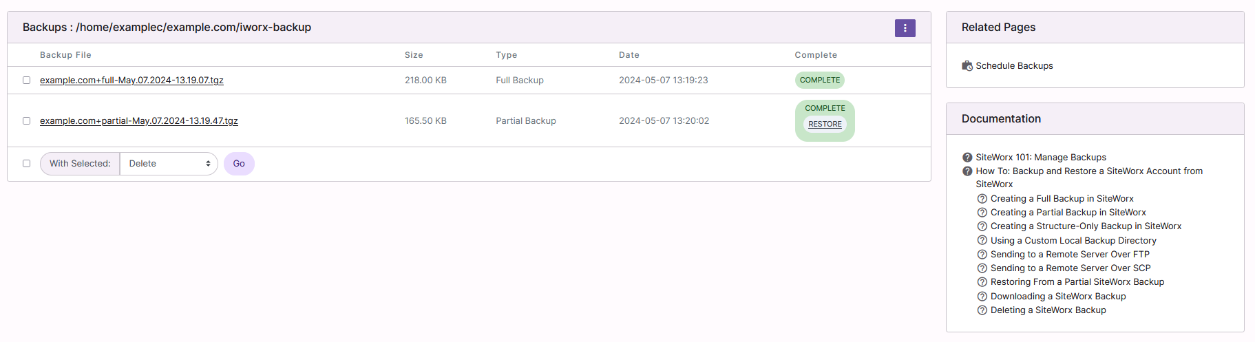 siteworx backup manage