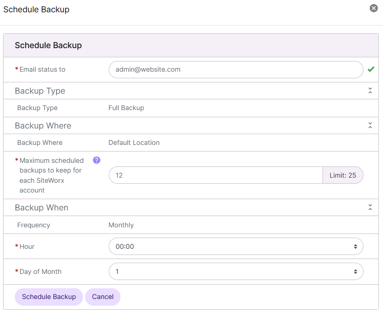 siteworx monthly backup