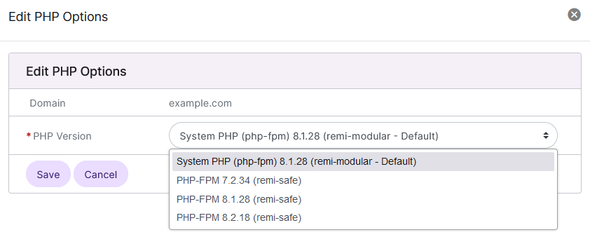 php version dropdown