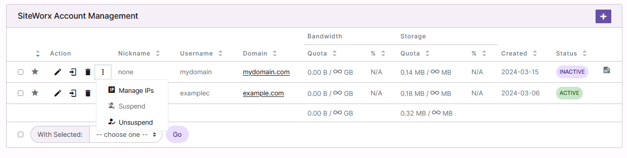 siteworx account account options