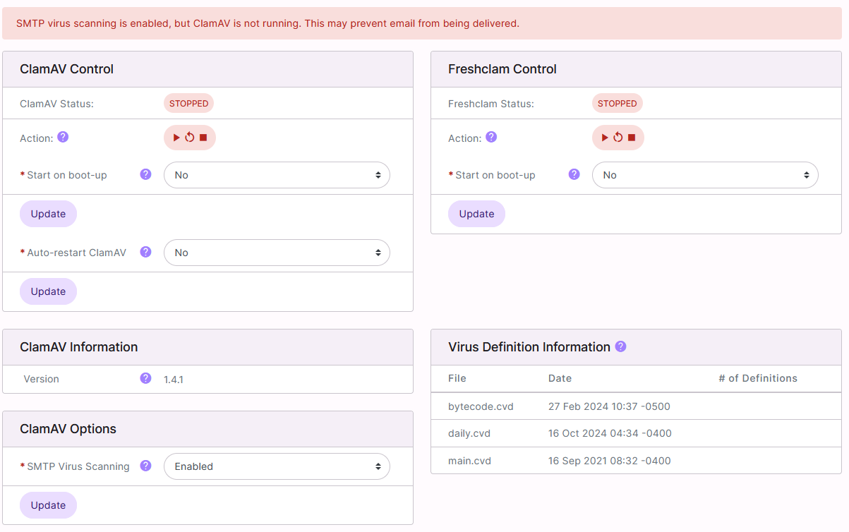 clamav stopped and smpt scanning enabled