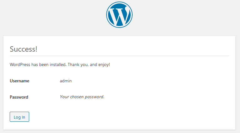 wordpress install success page