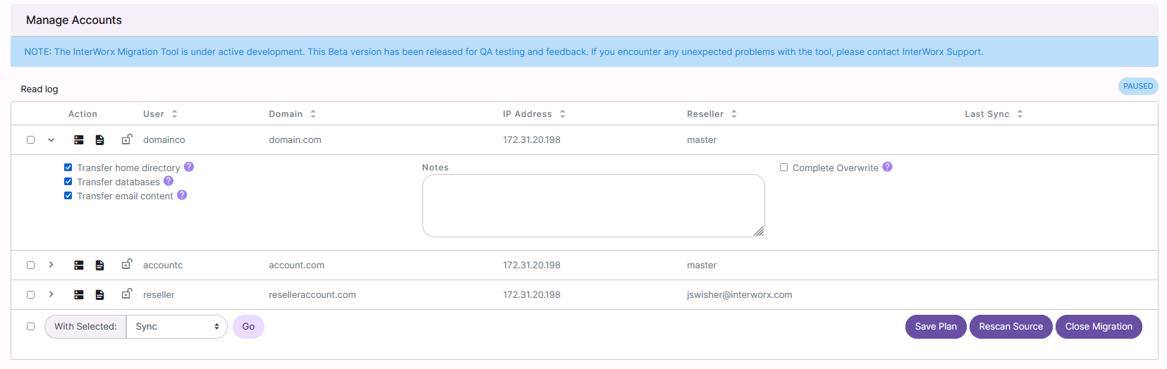 manage accounts page options list