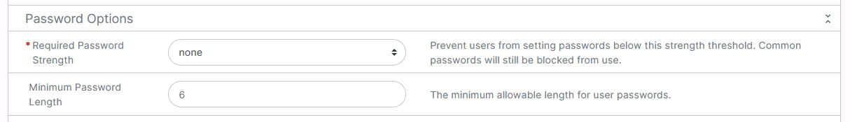 The Password Options section of the Settings page