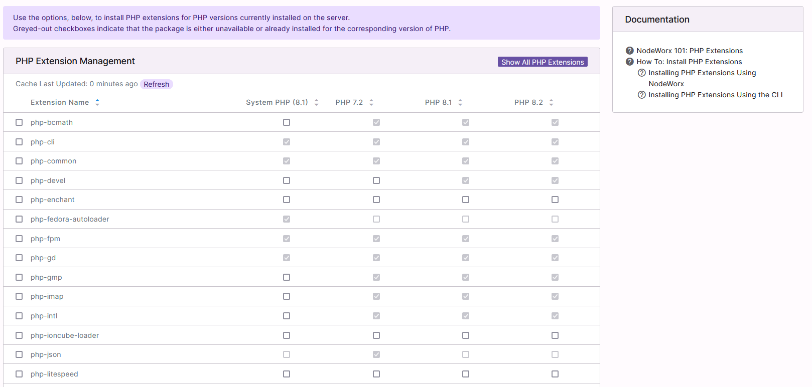 nodeworx php extensions page