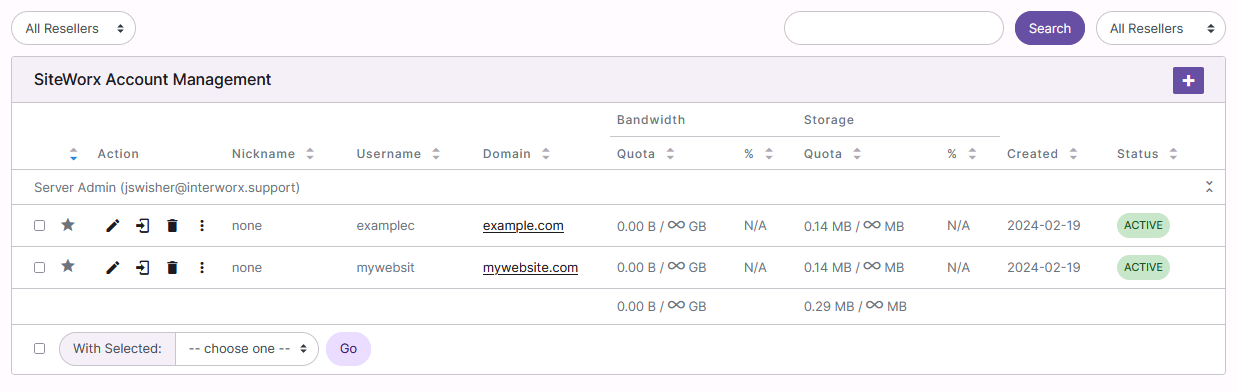 siteworx accounts page
