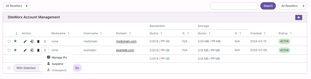 siteworx account account options