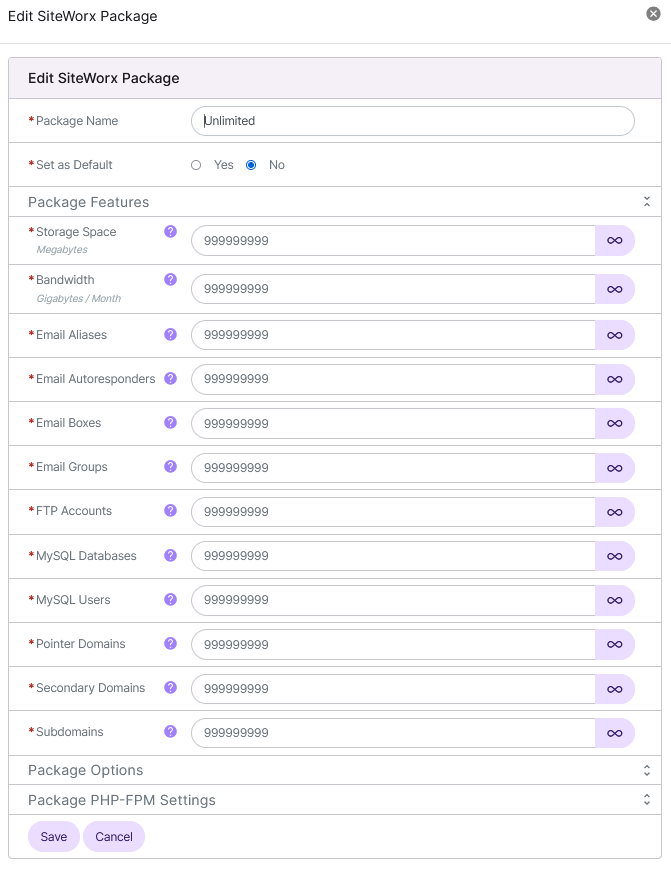 siteworx package edit form