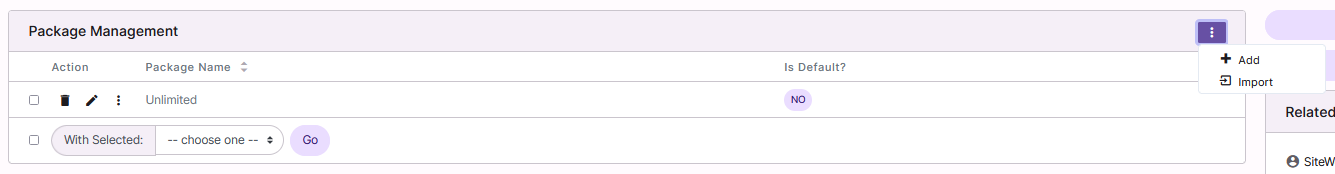 siteworx package options menu