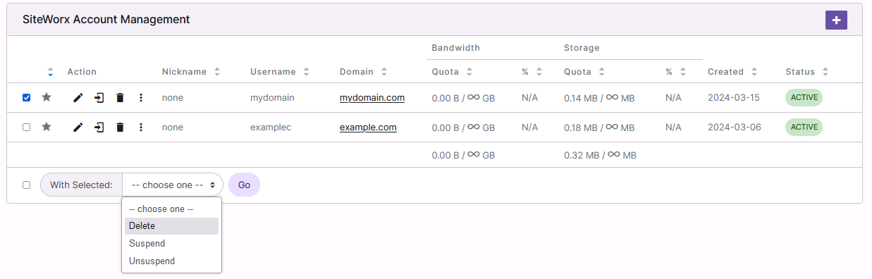 siteworx account delete dropdown