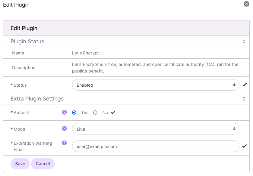 let's encrypt edit plugin form