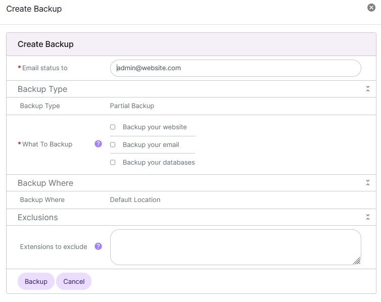 siteworx partial backup settings