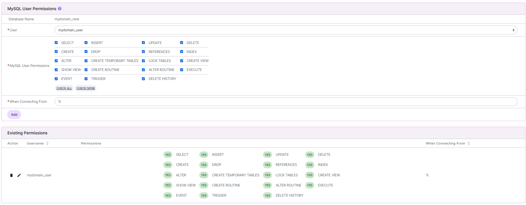 siteworx database add user permissions