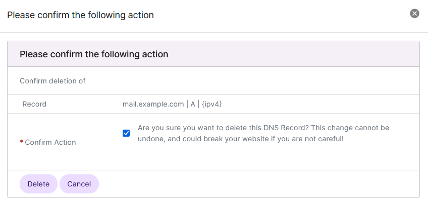 siteworx delete dns record form