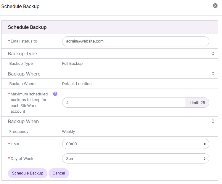 siteworx weekly backup