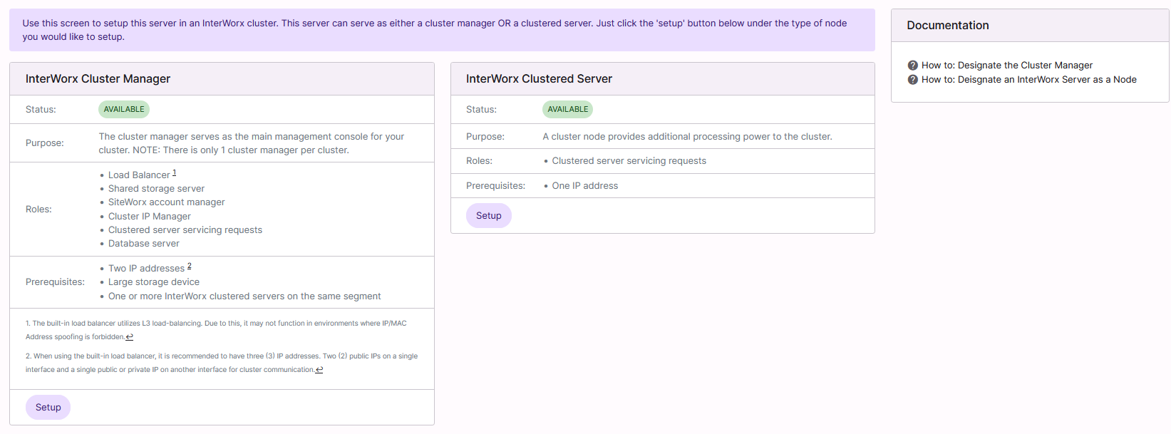 cluster setup page