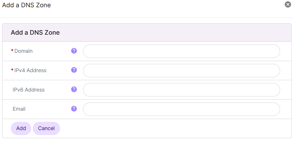 Add DNS Zone form