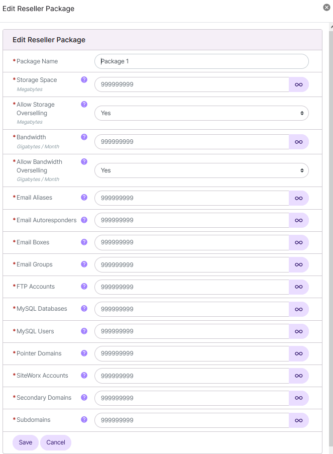 reseller package edit form