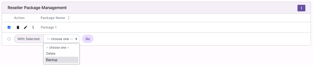 reseller package backup dropdown