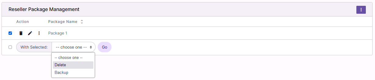 reseller package delete dropdown