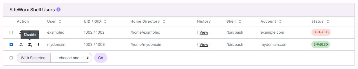 disable shell user