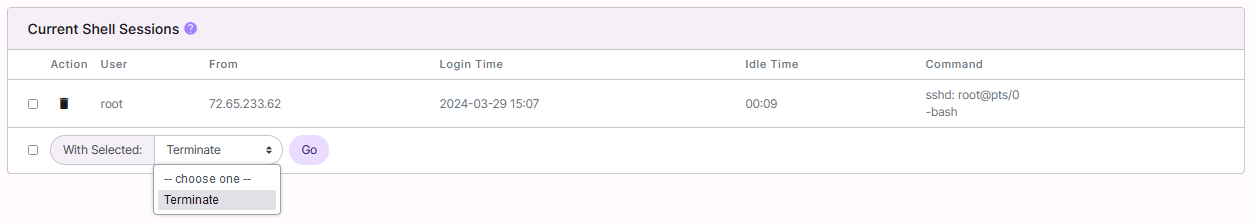 ssh session terminate dropdown