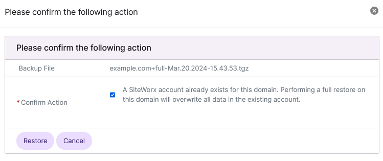 backup restore confirmation form