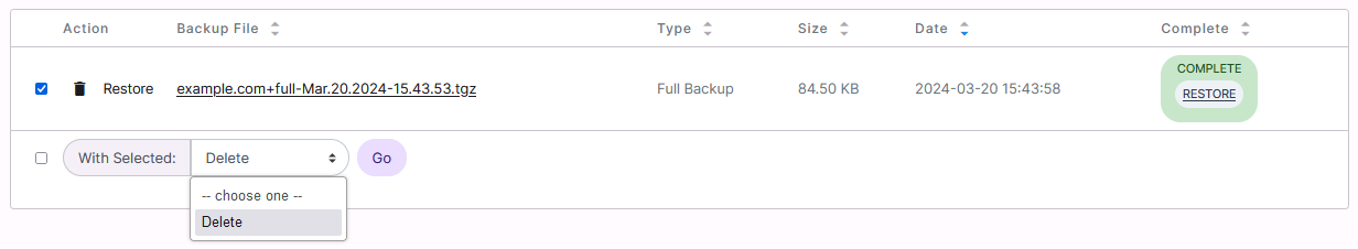 backup delete dropdown