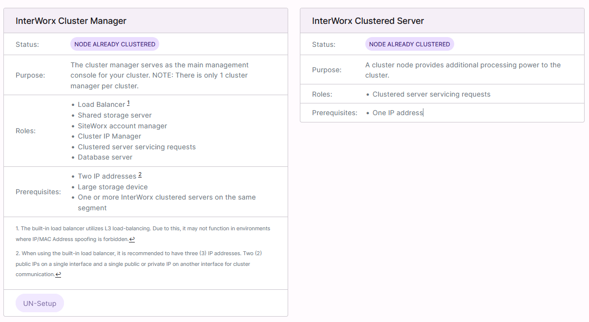 cluster setup page