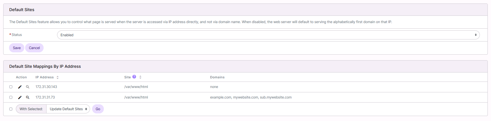 default sites page