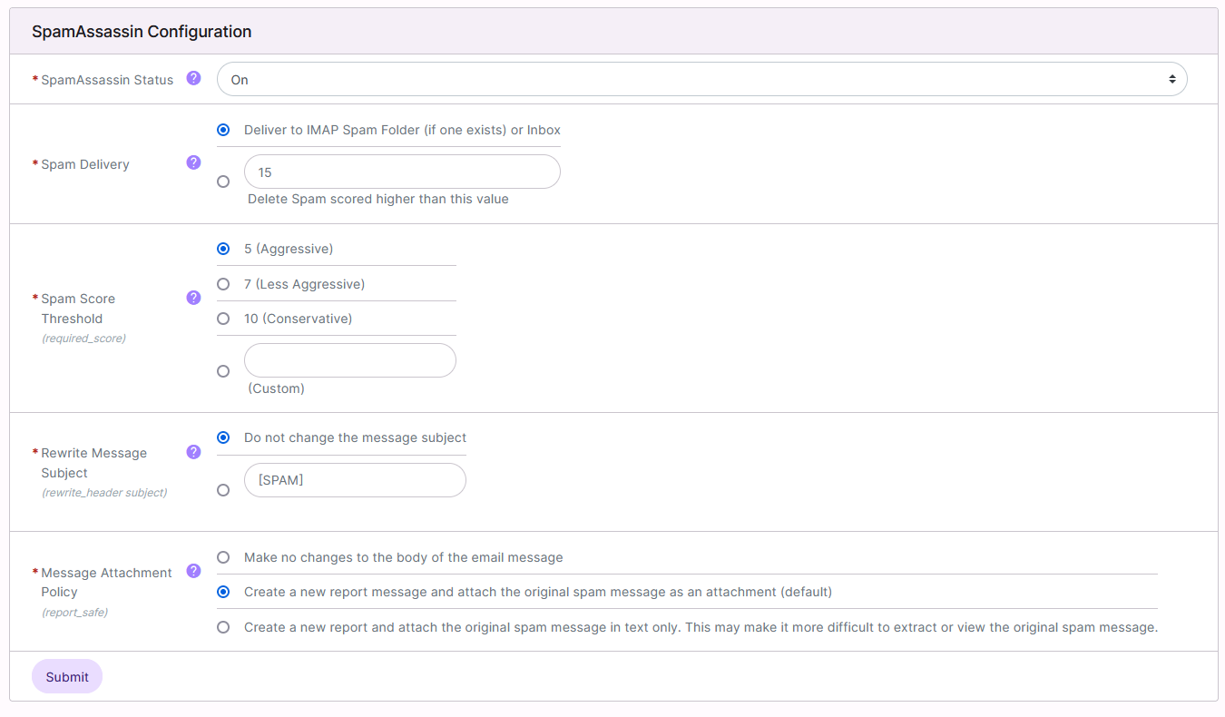 siteworx spamassassin settings