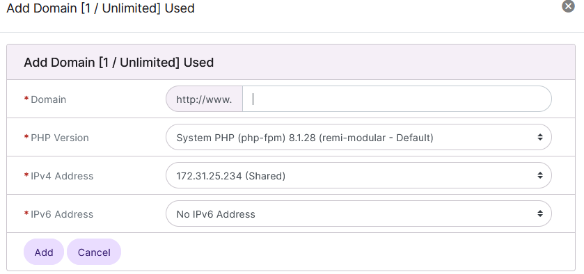 siteworx add secondary domain form