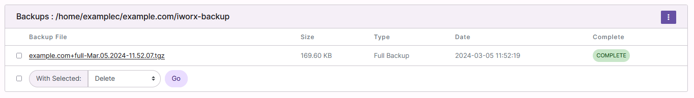 backup manage page
