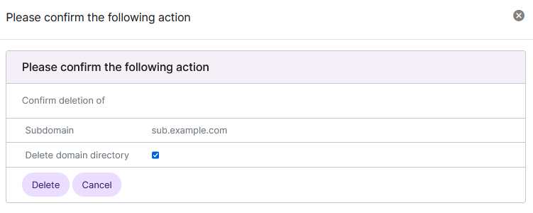 siteworx subdomain delete form